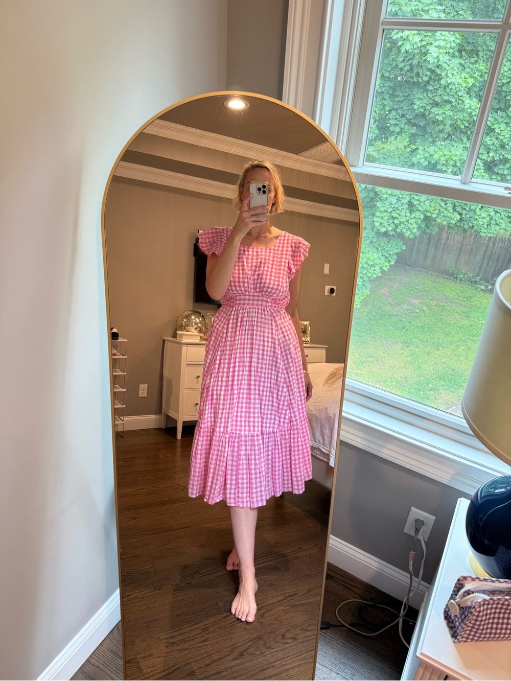 Seraphina - Pink Gingham Tiered Midi Dress with Ruffle Cap Sleeves